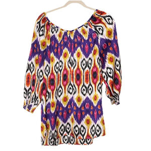 Chicos 2‎ Women Large Multi Color Ikat Print 3/4 Sleeve Peasant Blouse Smocked